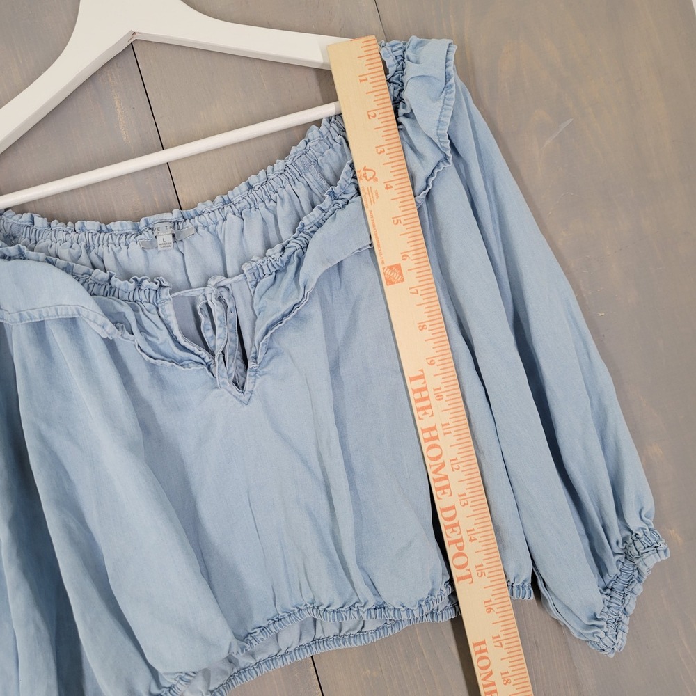 Love Tree Off The Shoulder Crop Top Womens Large Blue Tencel Ruffle Boho Cottage - Picture 10 of 11